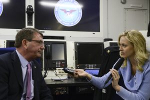 Secretary of Defense Ash Carter briefs members of the press aboard an E-4B jet April 6, 2015. Carter is on a visit to the U.S. Pacific Command Area of Responsibility to make observations for the future force and the military's shift to the Pacific. DoD photo by Petty Officer 2nd Class Sean Hurt/Released.